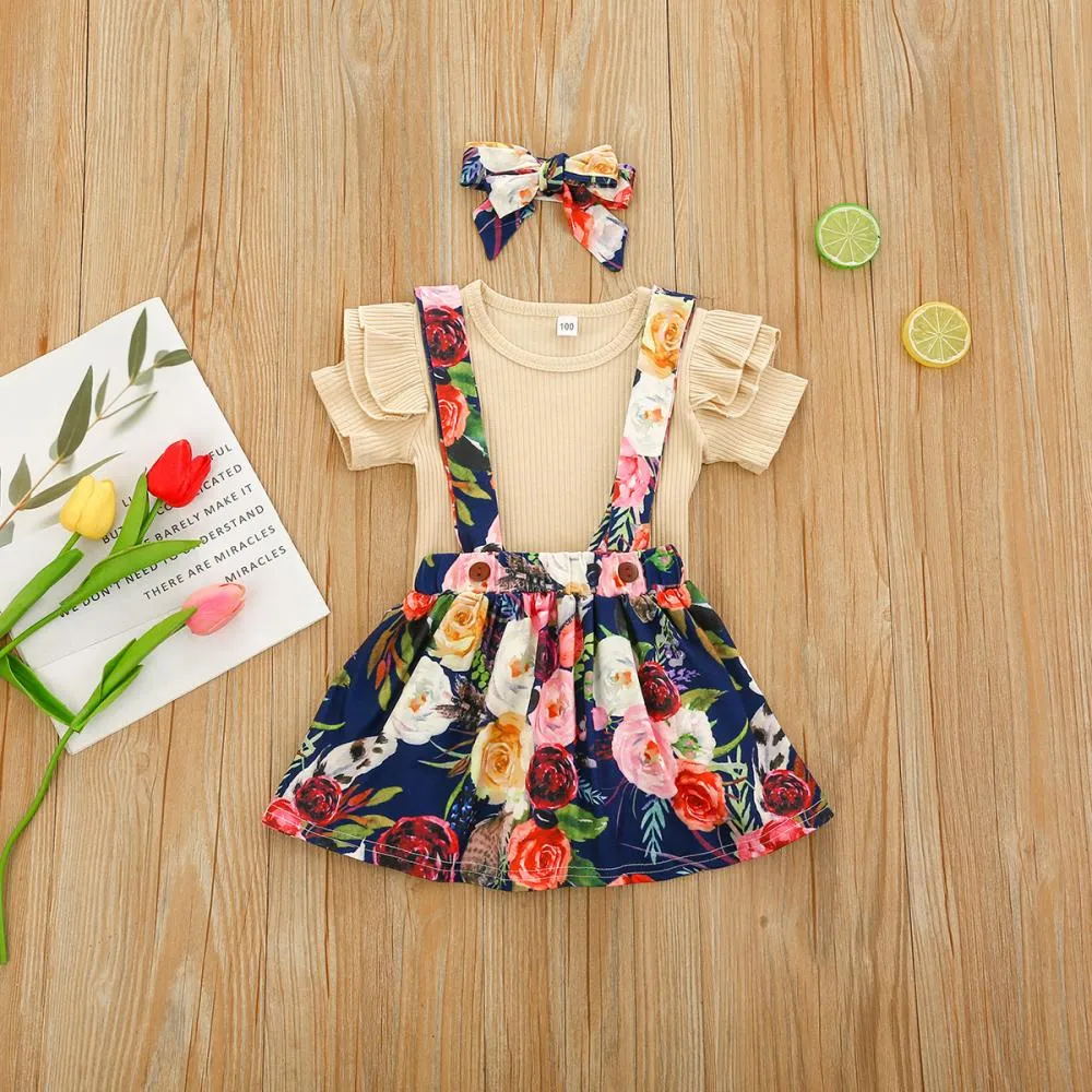 1-5Y Toddler Girls Set Summer Solid Color Pit Strip Top Flower Suspender Skirt And Headband Three-piece Set Wholesale Kids Clothing