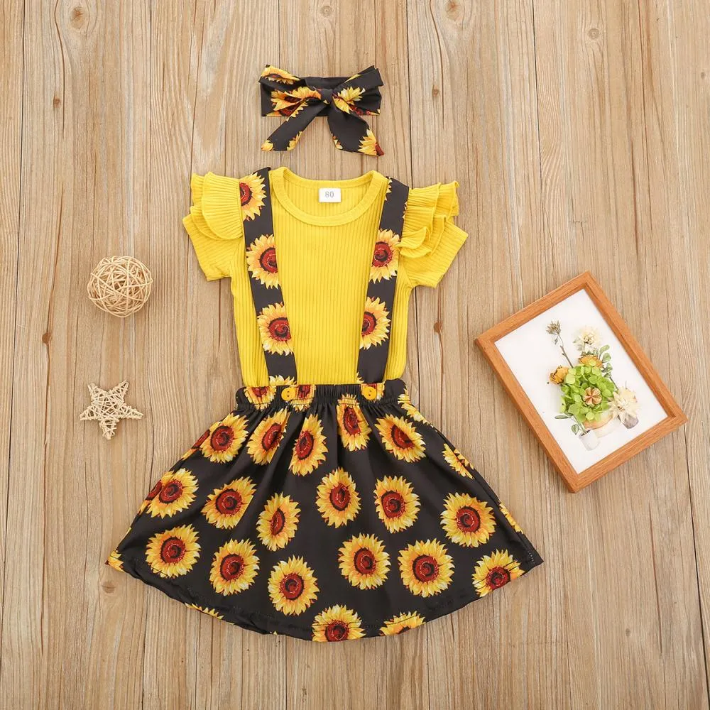 1-5Y Toddler Girls Set Summer Solid Color Pit Strip Top Flower Suspender Skirt And Headband Three-piece Set Wholesale Kids Clothing