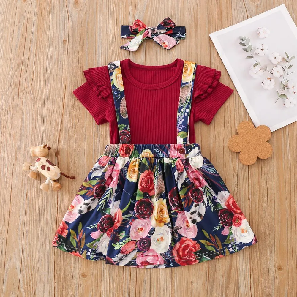 1-5Y Toddler Girls Set Summer Solid Color Pit Strip Top Flower Suspender Skirt And Headband Three-piece Set Wholesale Kids Clothing