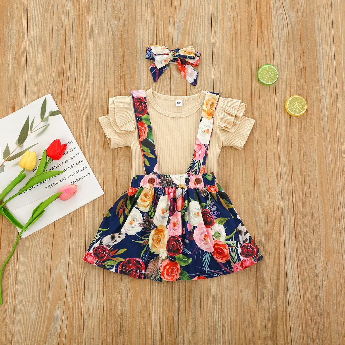 1-5Y Toddler Girls Set Summer Solid Color Pit Strip Top Flower Suspender Skirt And Headband Three-piece Set Wholesale Kids Clothing