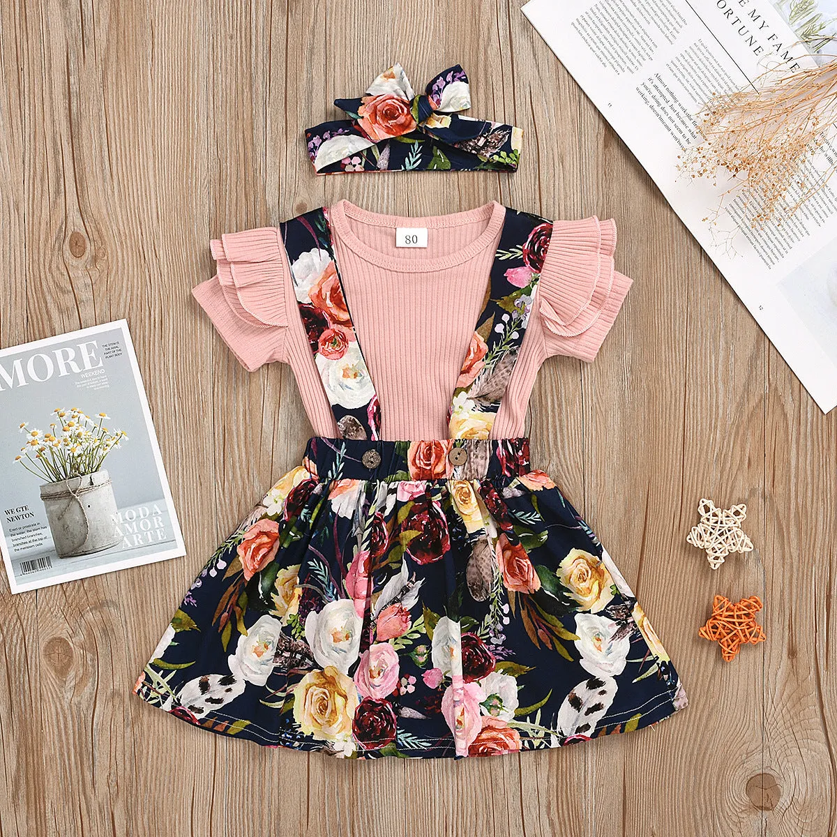 1-5Y Toddler Girls Set Summer Solid Color Pit Strip Top Flower Suspender Skirt And Headband Three-piece Set Wholesale Kids Clothing