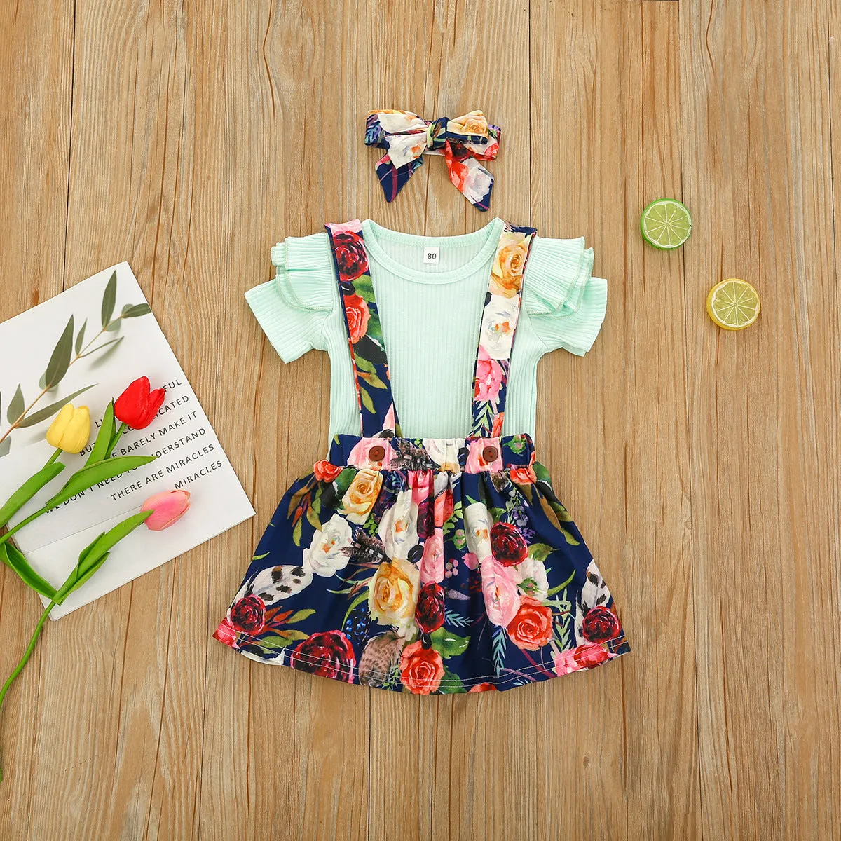 1-5Y Toddler Girls Set Summer Solid Color Pit Strip Top Flower Suspender Skirt And Headband Three-piece Set Wholesale Kids Clothing