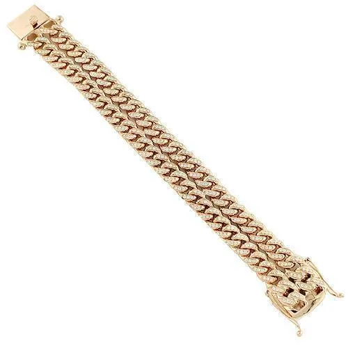 14K Rose Solid Gold Mens Diamond Double Row Cuban Bracelet 6.50 Ctw