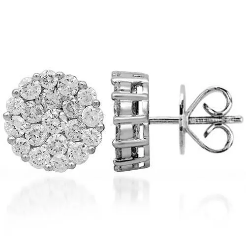 14K Solid White Gold Diamond Cluster Stud Earrings 2.50 Ctw