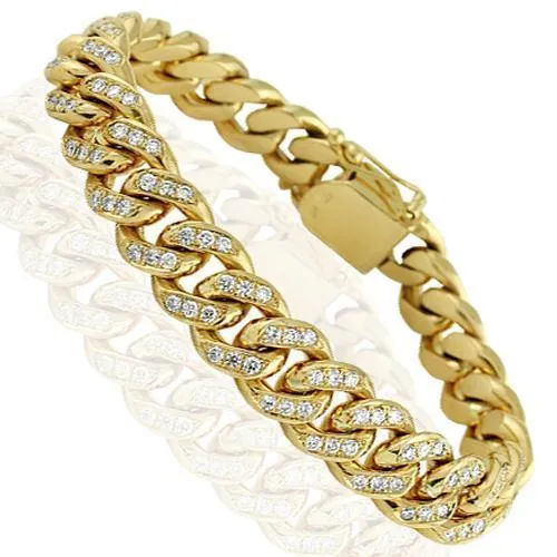 18K Yellow Solid Gold Mens Diamond Pave Set Cuban Bracelet 8.00 Ctw