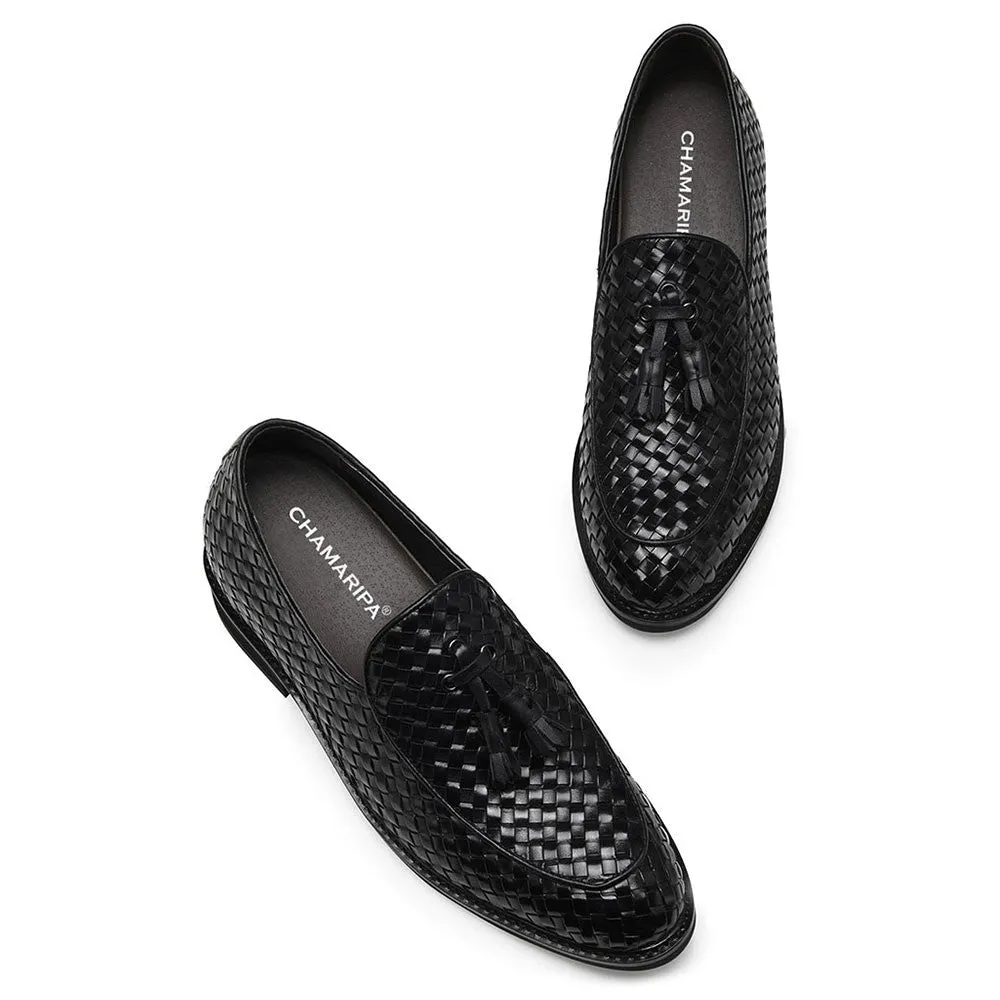 8 CM / 3.15 Inches CMR CHAMARIPA Black Woven Leather Loafers for Men