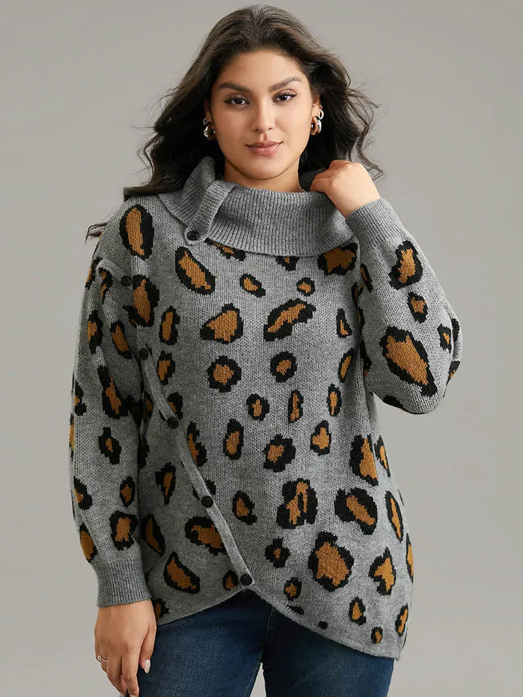 Anti-Pilling Leopard PrintLapel Collar Button Detail Pullover