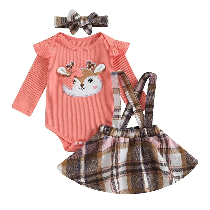 Baby Girl 3Pcs Outfits Set Cute Romper Suspender Skirt With Headband Fall Winter Clothes