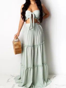 Bandeau Frill Hem Tie Front Top & Maxi Skirt Set