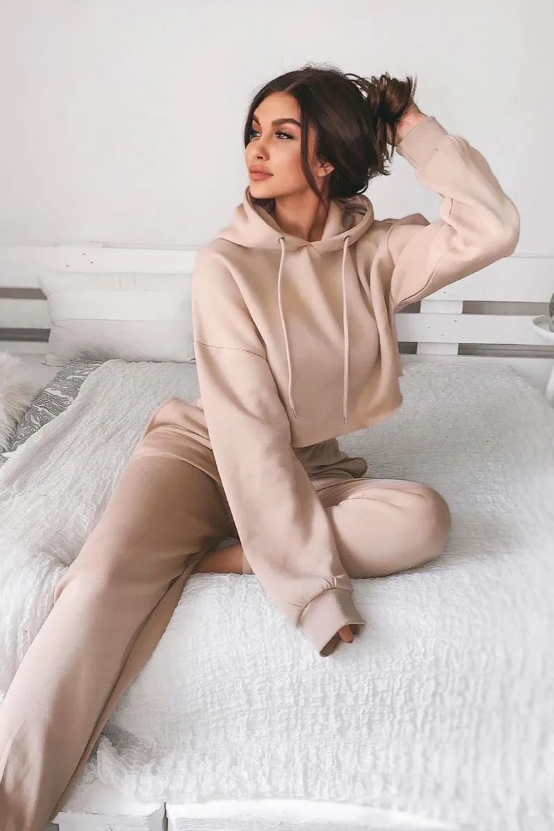 Beige Cropped Oversized Hoodie and Joggers Co-ord - Karenza