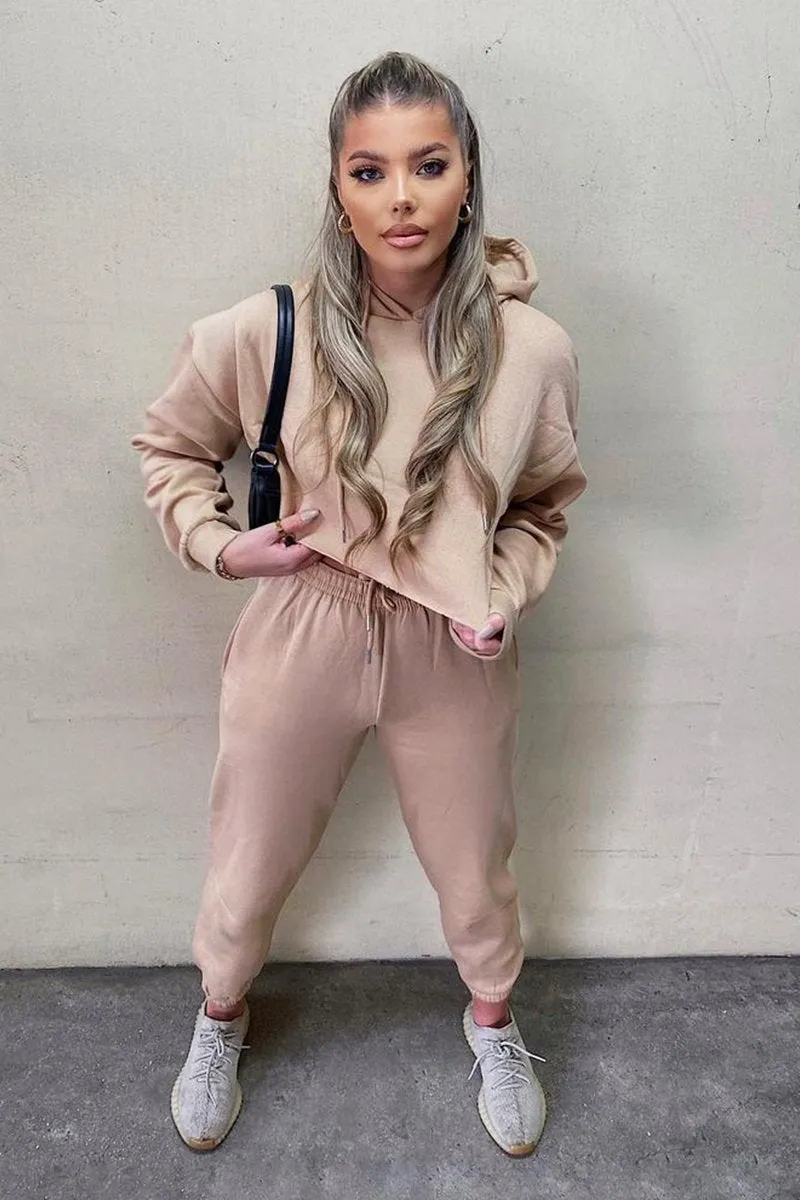 Beige Cropped Oversized Hoodie and Joggers Co-ord - Karenza