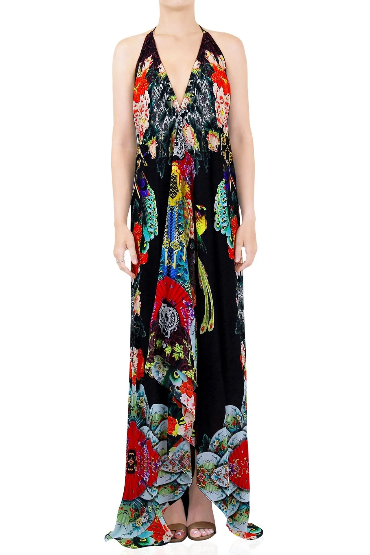 Bird Print Long Black Maxi Dress