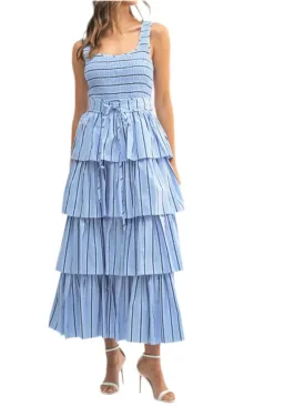 Blue and white striped layered ruffled midi dress