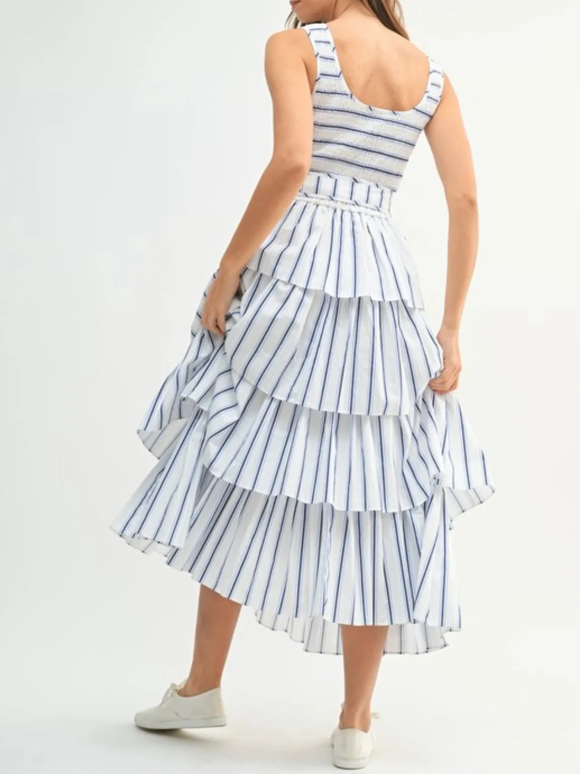 Blue and white striped layered ruffled midi dress