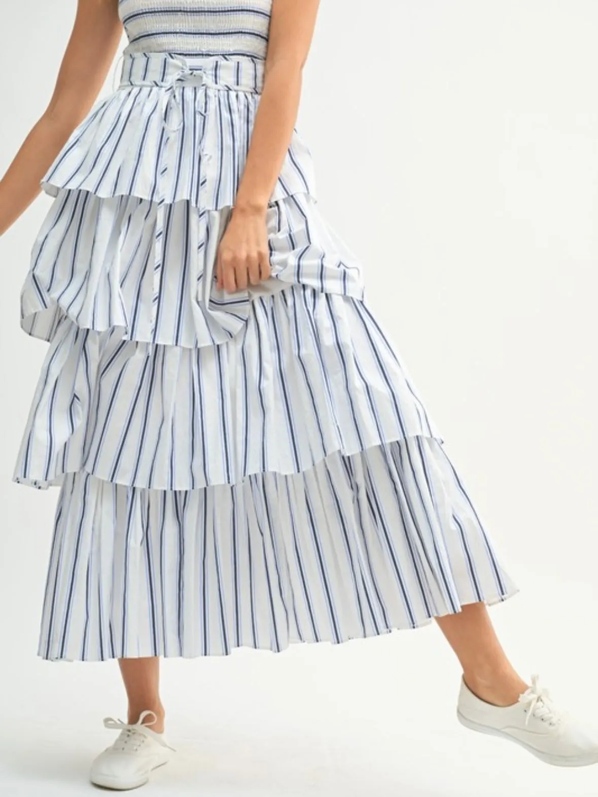 Blue and white striped layered ruffled midi dress