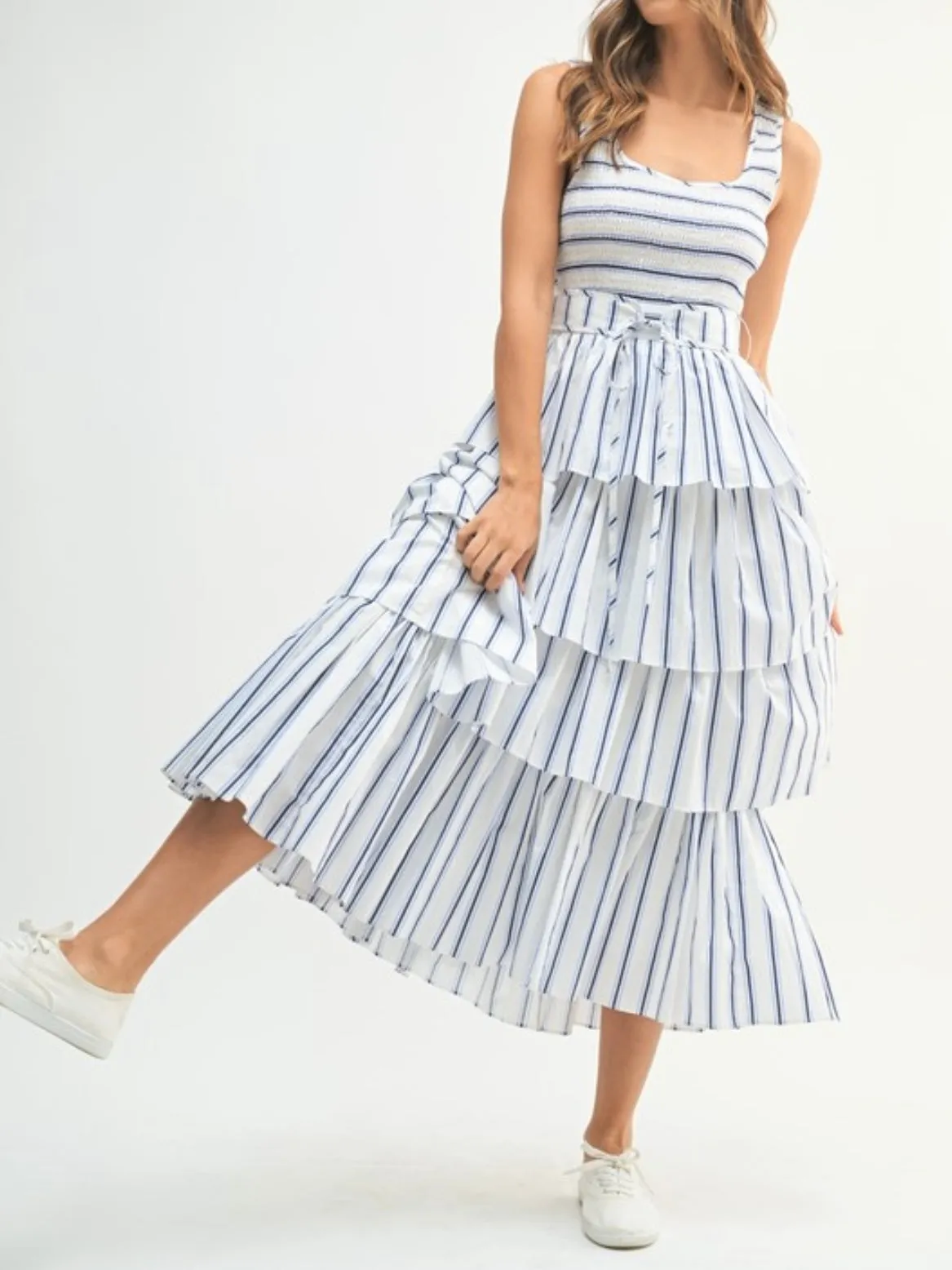 Blue and white striped layered ruffled midi dress