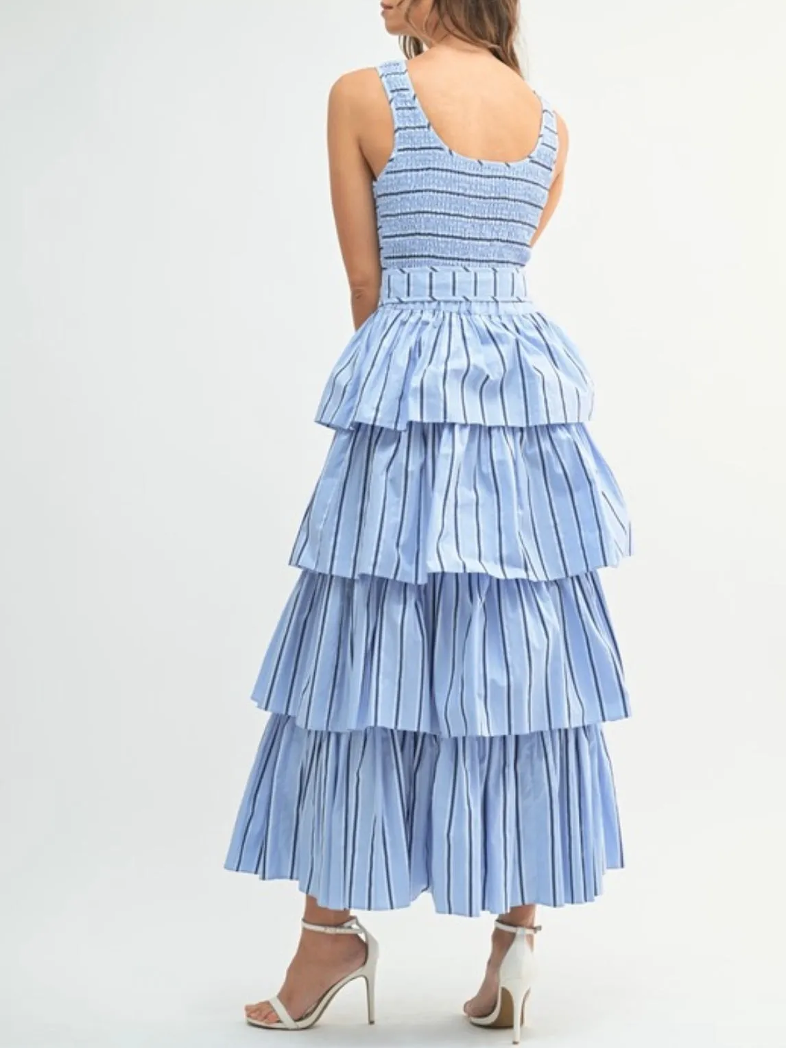 Blue and white striped layered ruffled midi dress