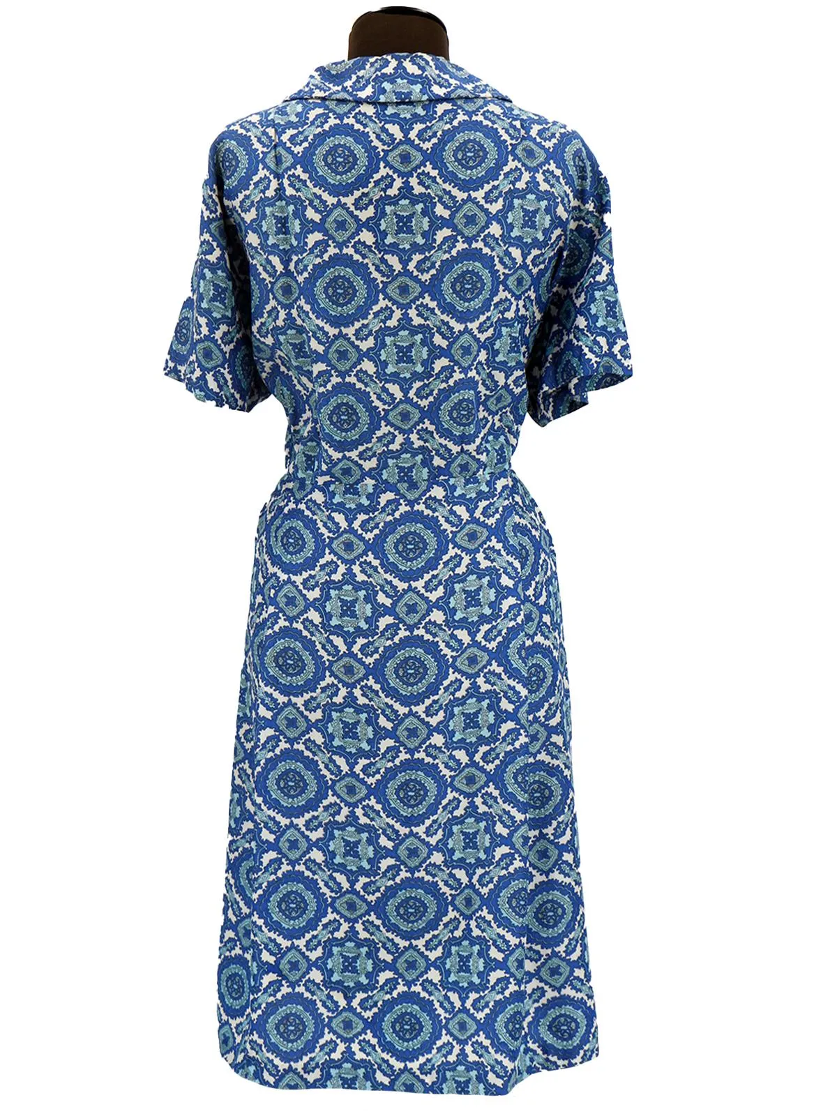 Blue Ornate Print 1950s Vintage Shirt Dress