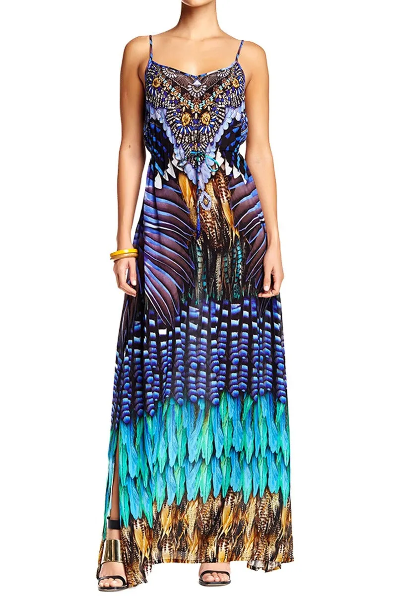 Blue Spaghetti Strap Long Maxi