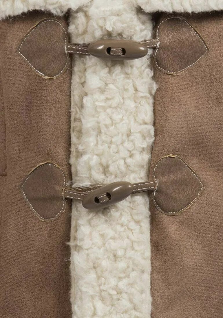 Brave Soul Camel Collared Duffle Faux Fur Leather-Look Coat