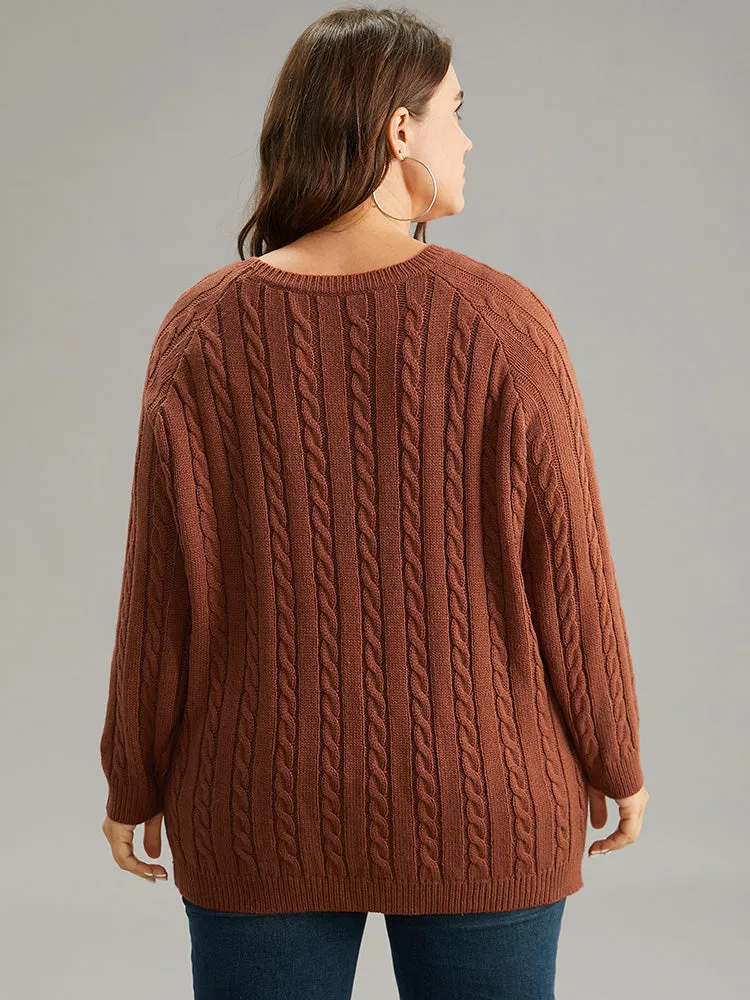 Button Detail Cable Knit Raglan Sleeve Pullover