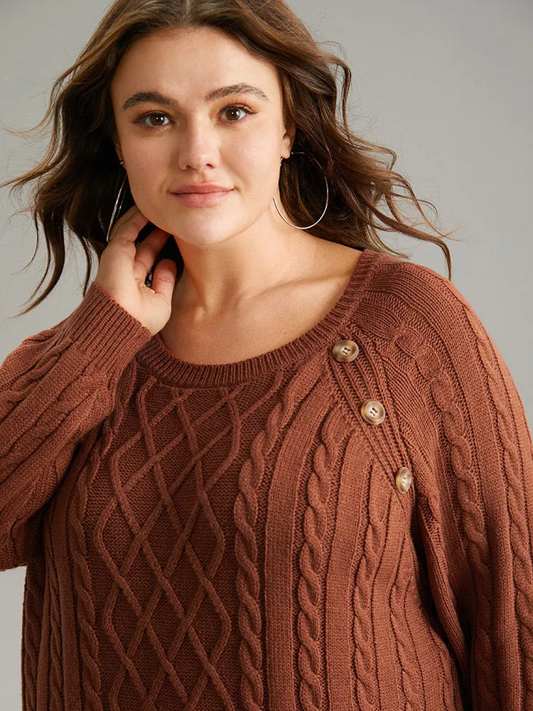 Button Detail Cable Knit Raglan Sleeve Pullover