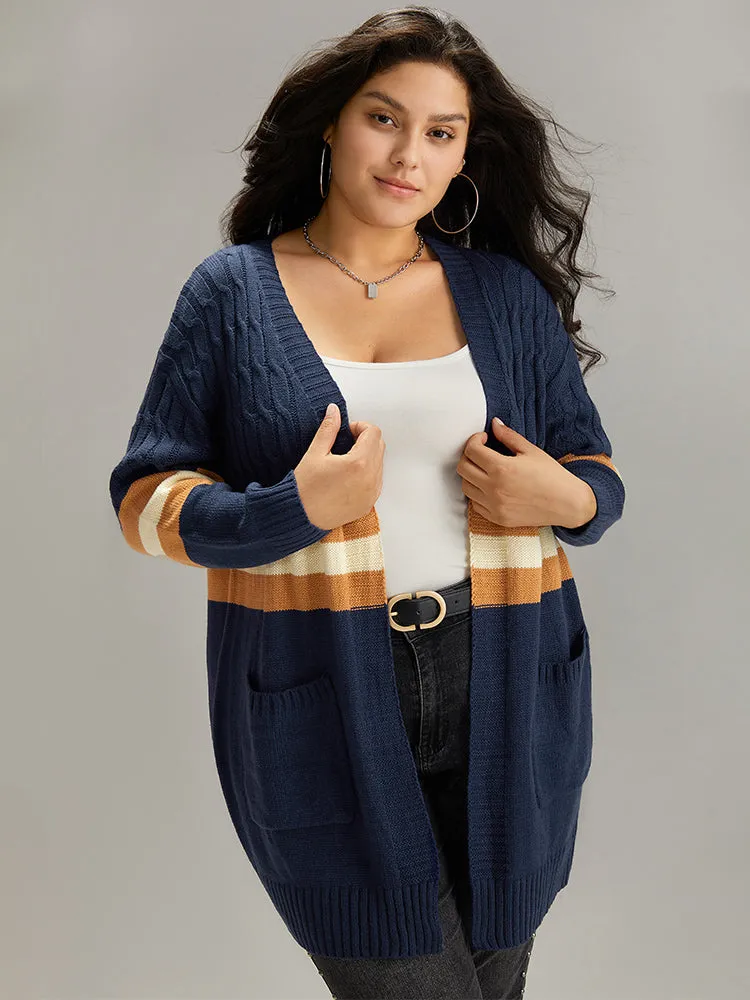 Cable Knit Colorblock Contrast Open Front Cardigan