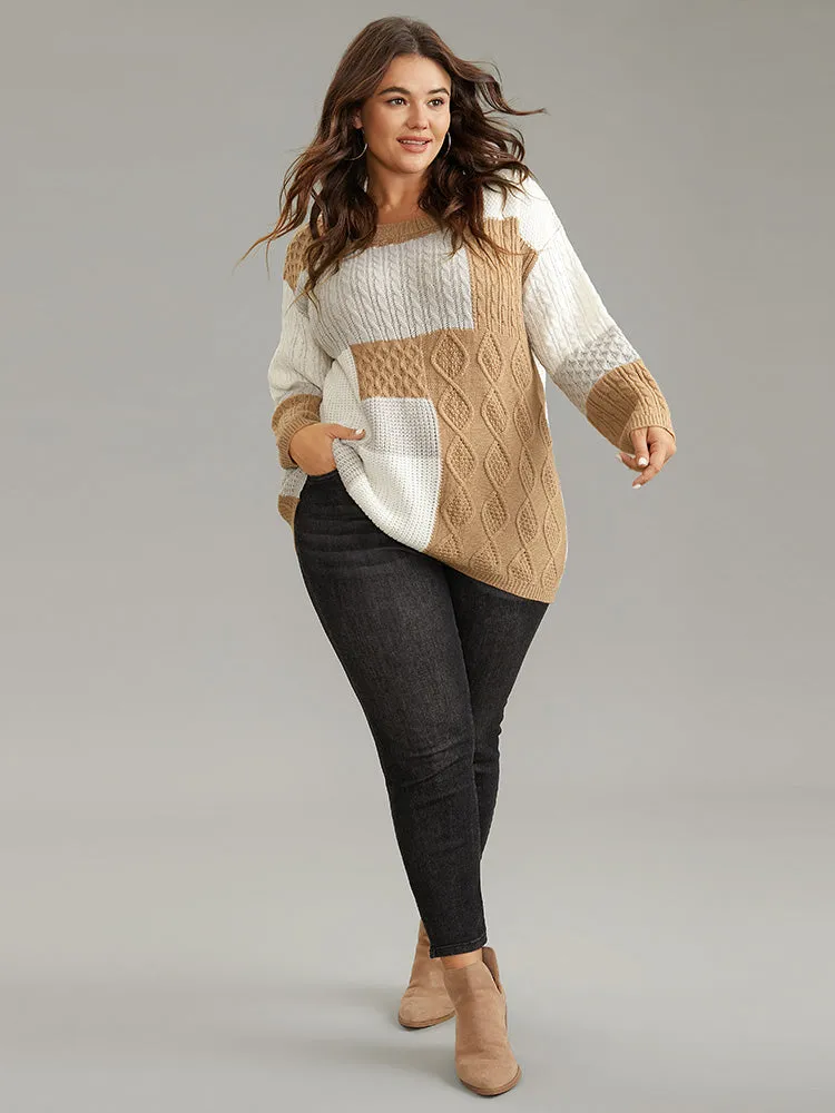 Cable Knit Colorblock Patchwork Pullover