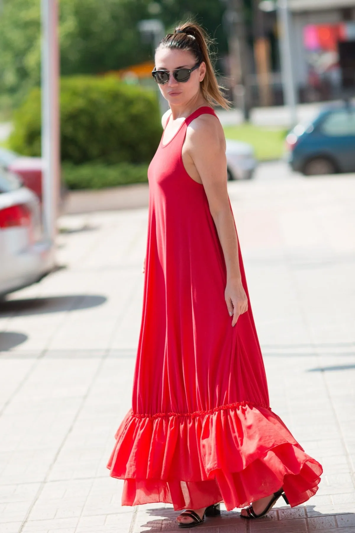 CARMEN Red Cotton Maxi Dress