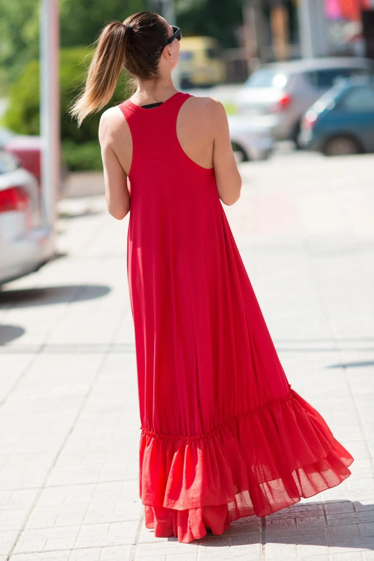 CARMEN Red Cotton Maxi Dress