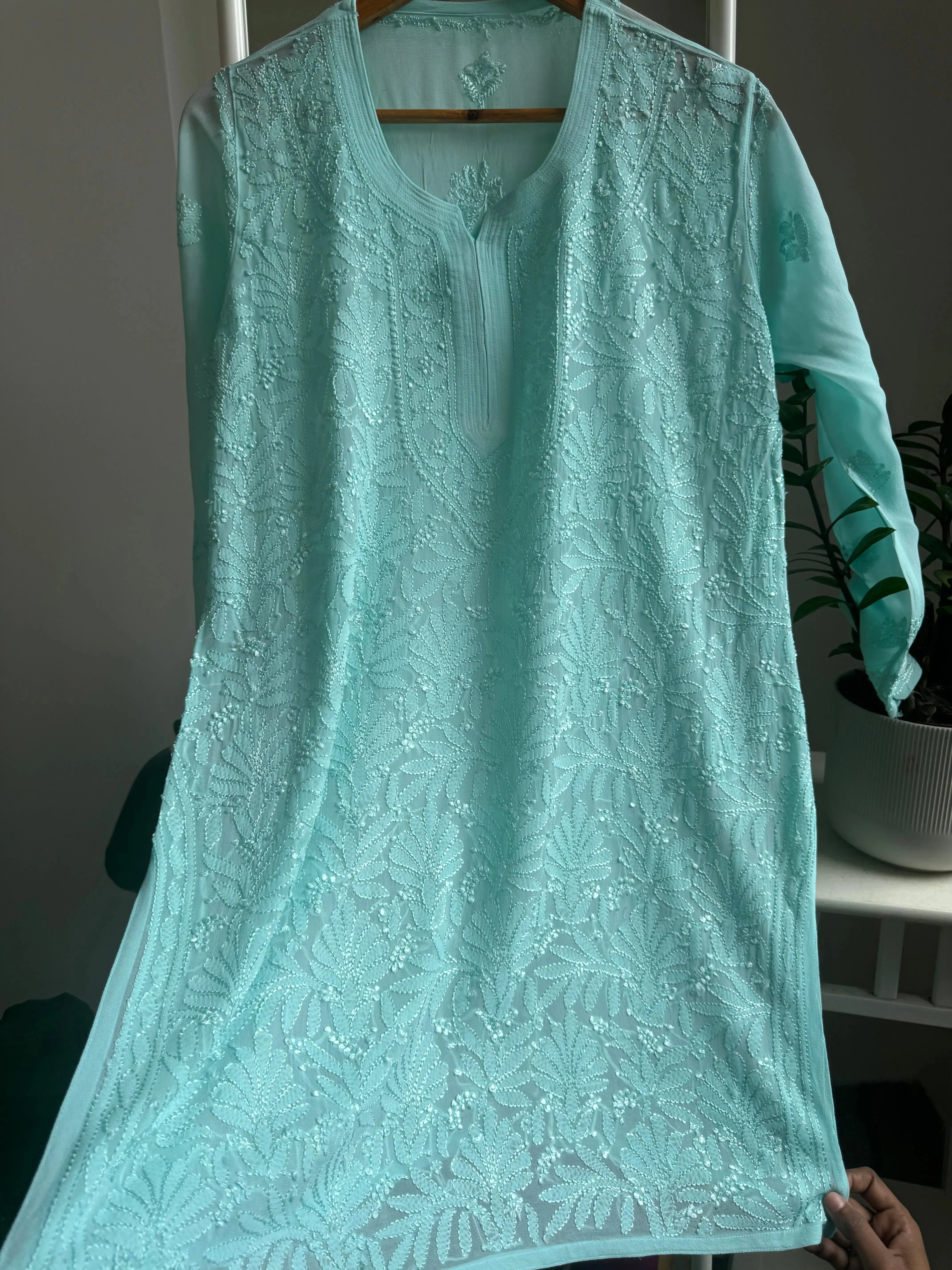 Chikankari Viscose Georgette short Top in Cyan Green