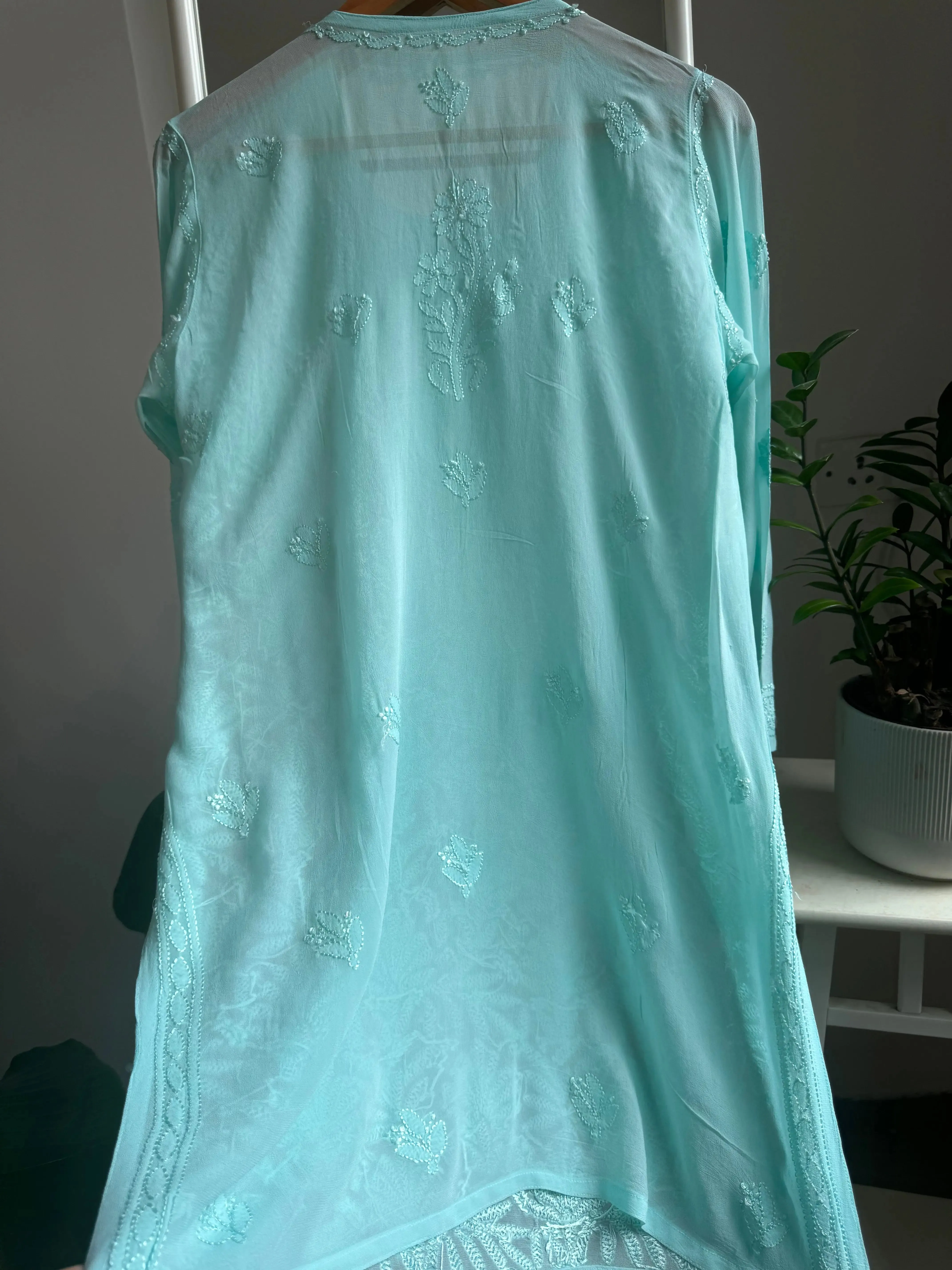 Chikankari Viscose Georgette short Top in Cyan Green