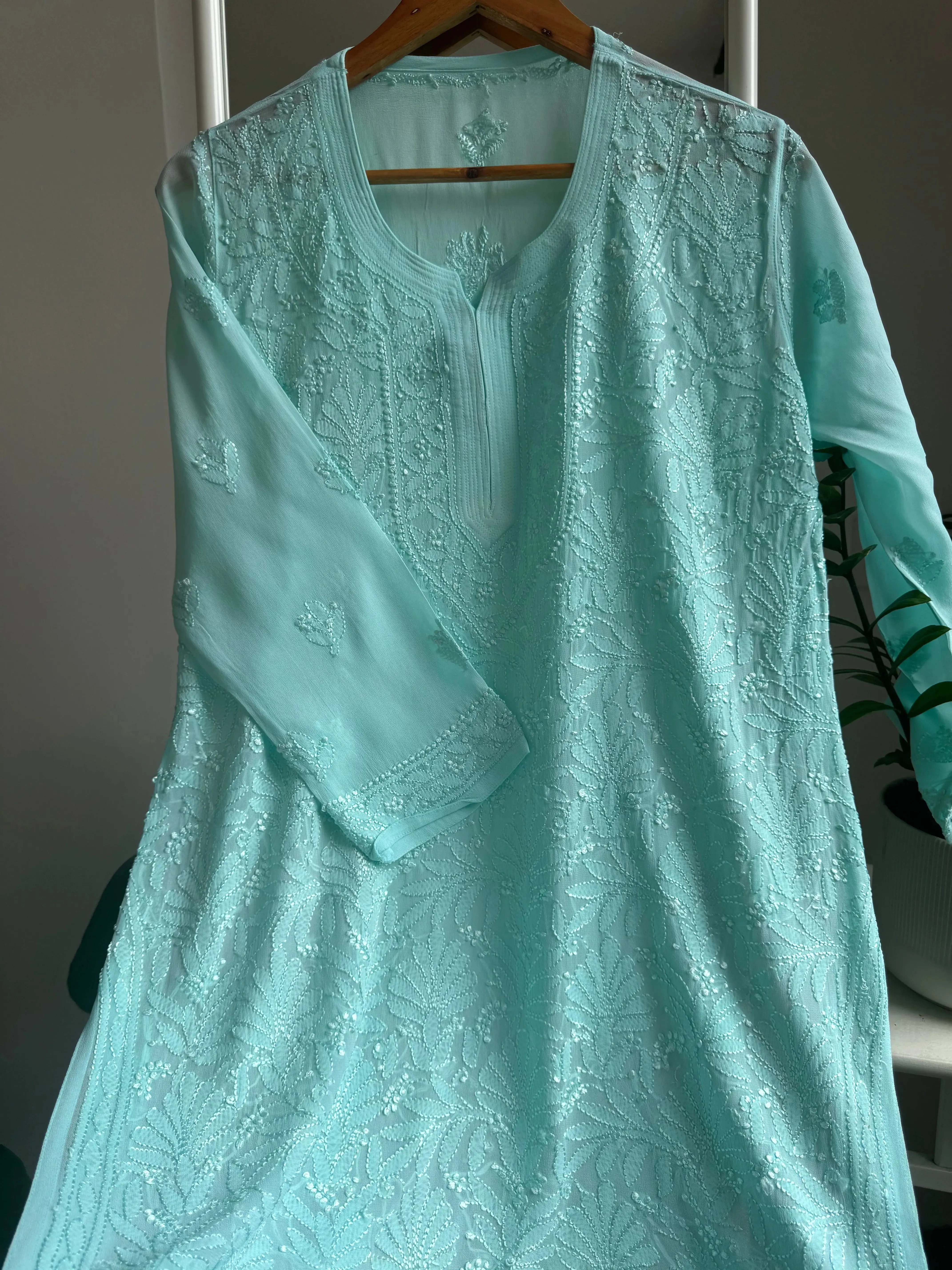 Chikankari Viscose Georgette short Top in Cyan Green