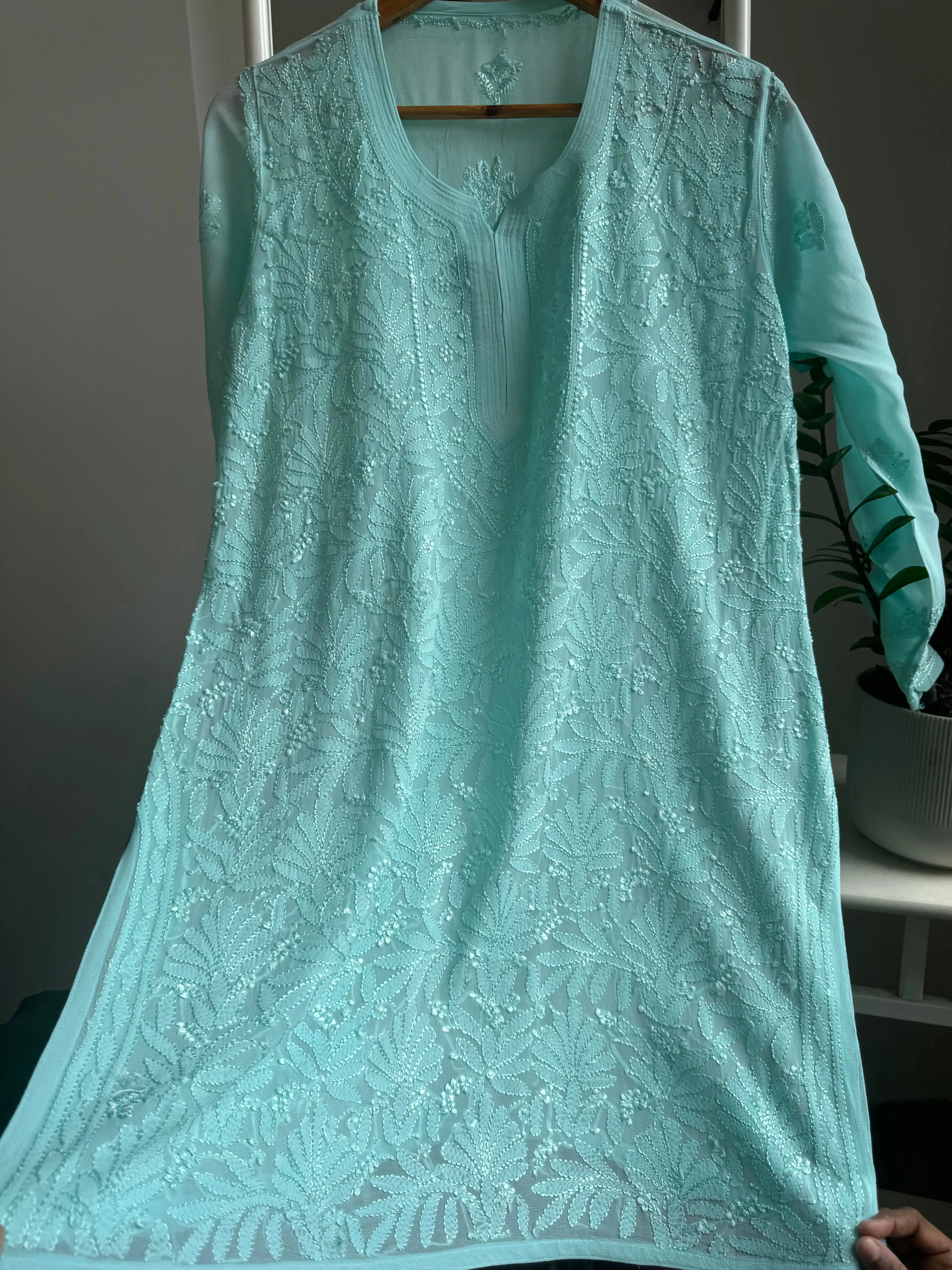 Chikankari Viscose Georgette short Top in Cyan Green