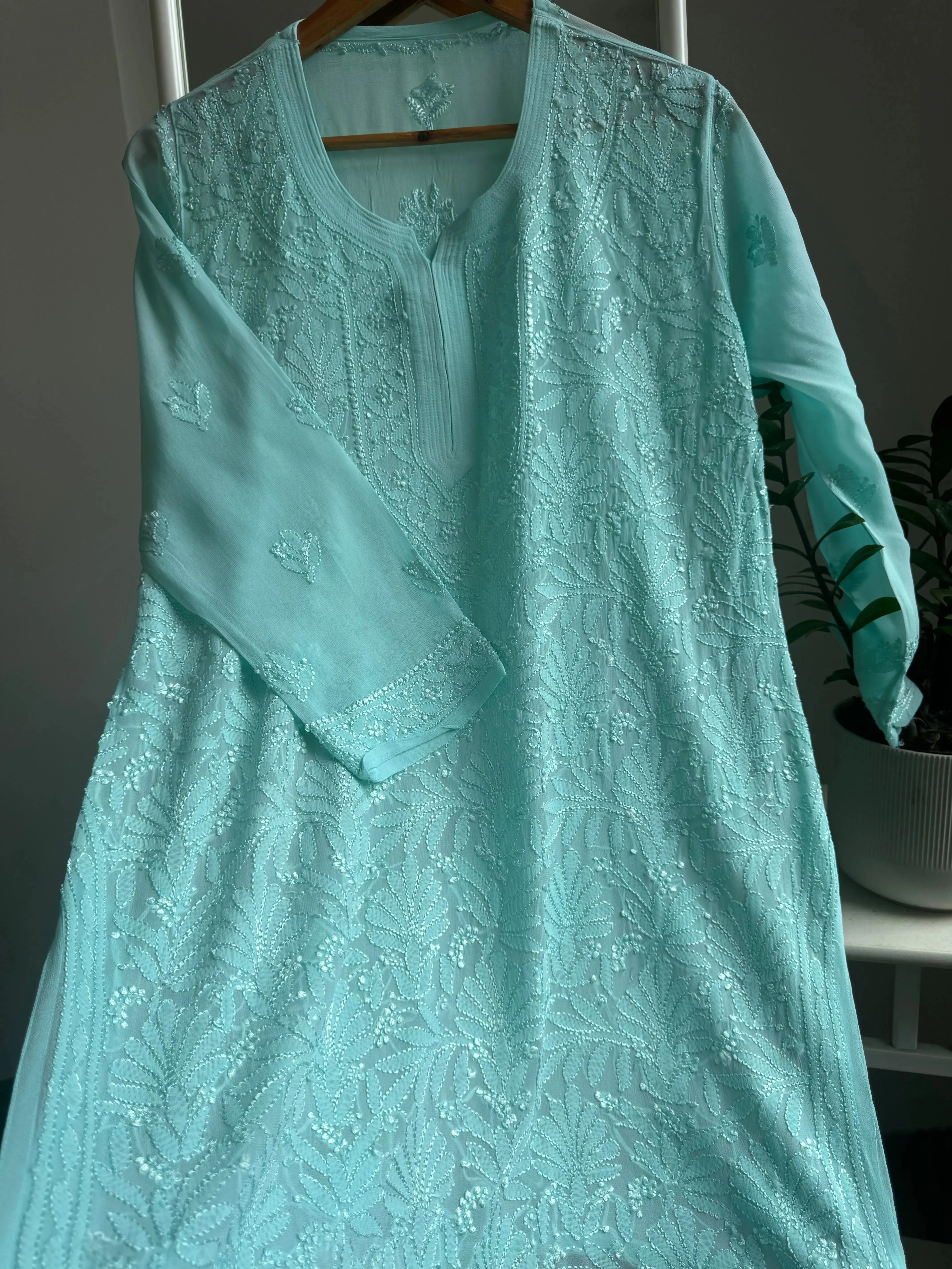 Chikankari Viscose Georgette short Top in Cyan Green