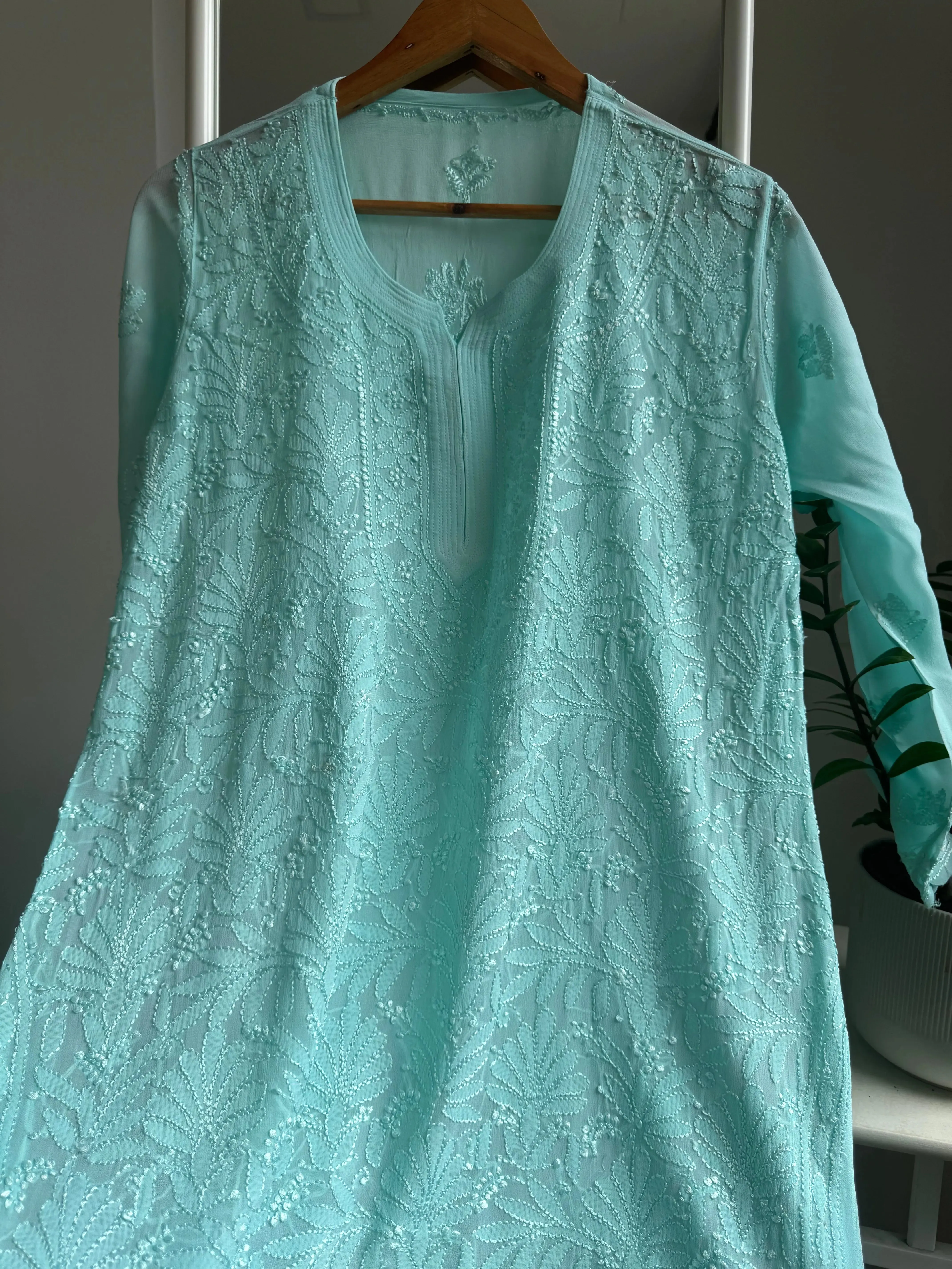 Chikankari Viscose Georgette short Top in Cyan Green