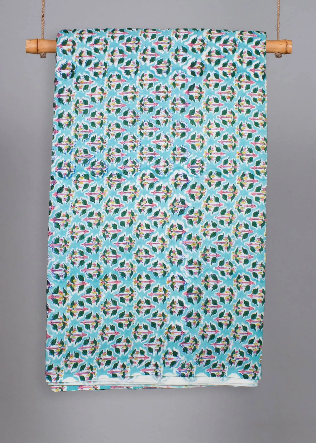 Coastal Light Cyan Cotton Hand Block Printed Fabric