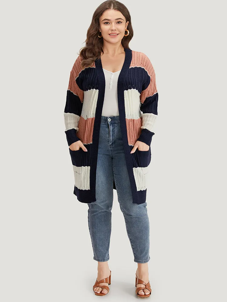 Colorblock Contrast Eyelet Open Front Cardigan