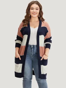 Colorblock Contrast Eyelet Open Front Cardigan