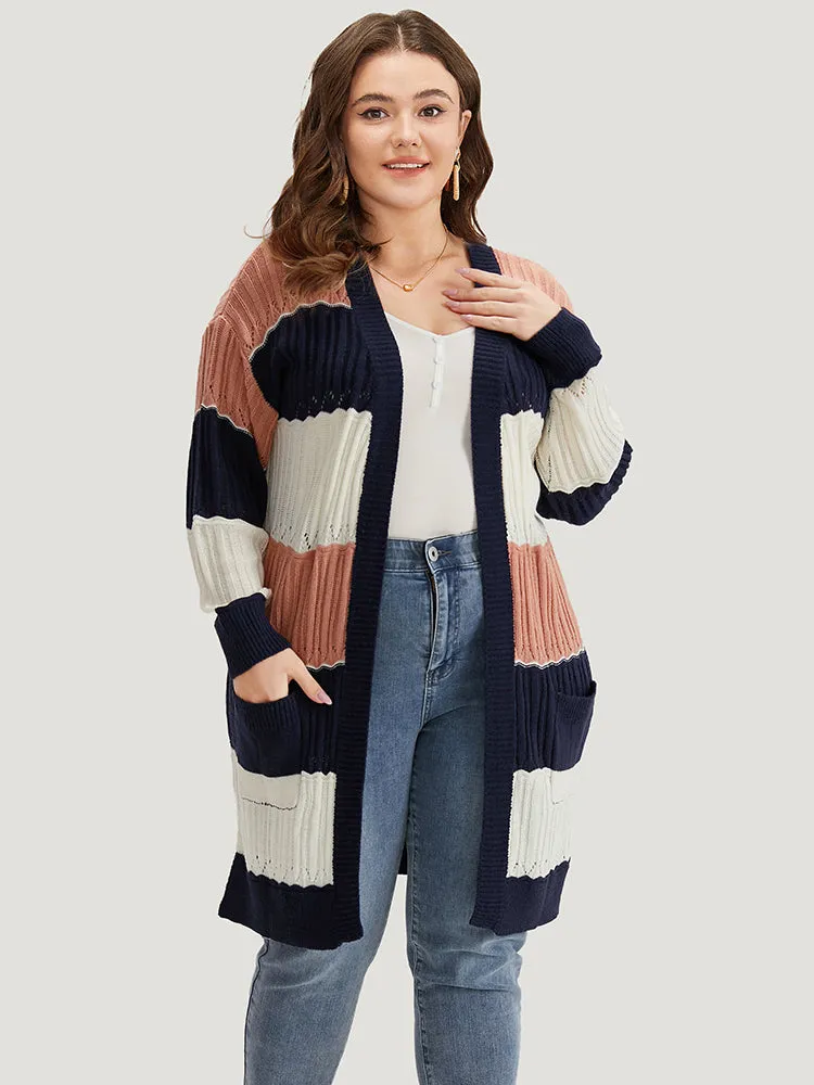 Colorblock Contrast Eyelet Open Front Cardigan