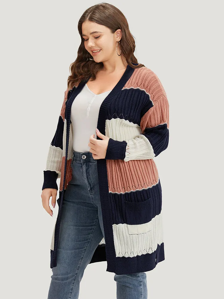 Colorblock Contrast Eyelet Open Front Cardigan