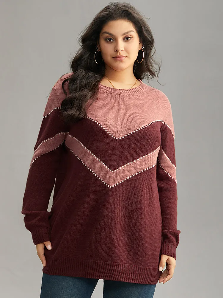 Colorblock Contrast Round Neck Pullover