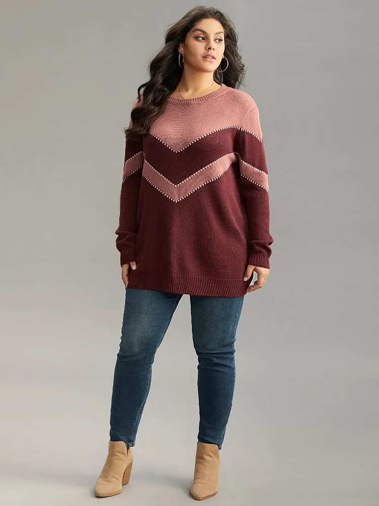 Colorblock Contrast Round Neck Pullover