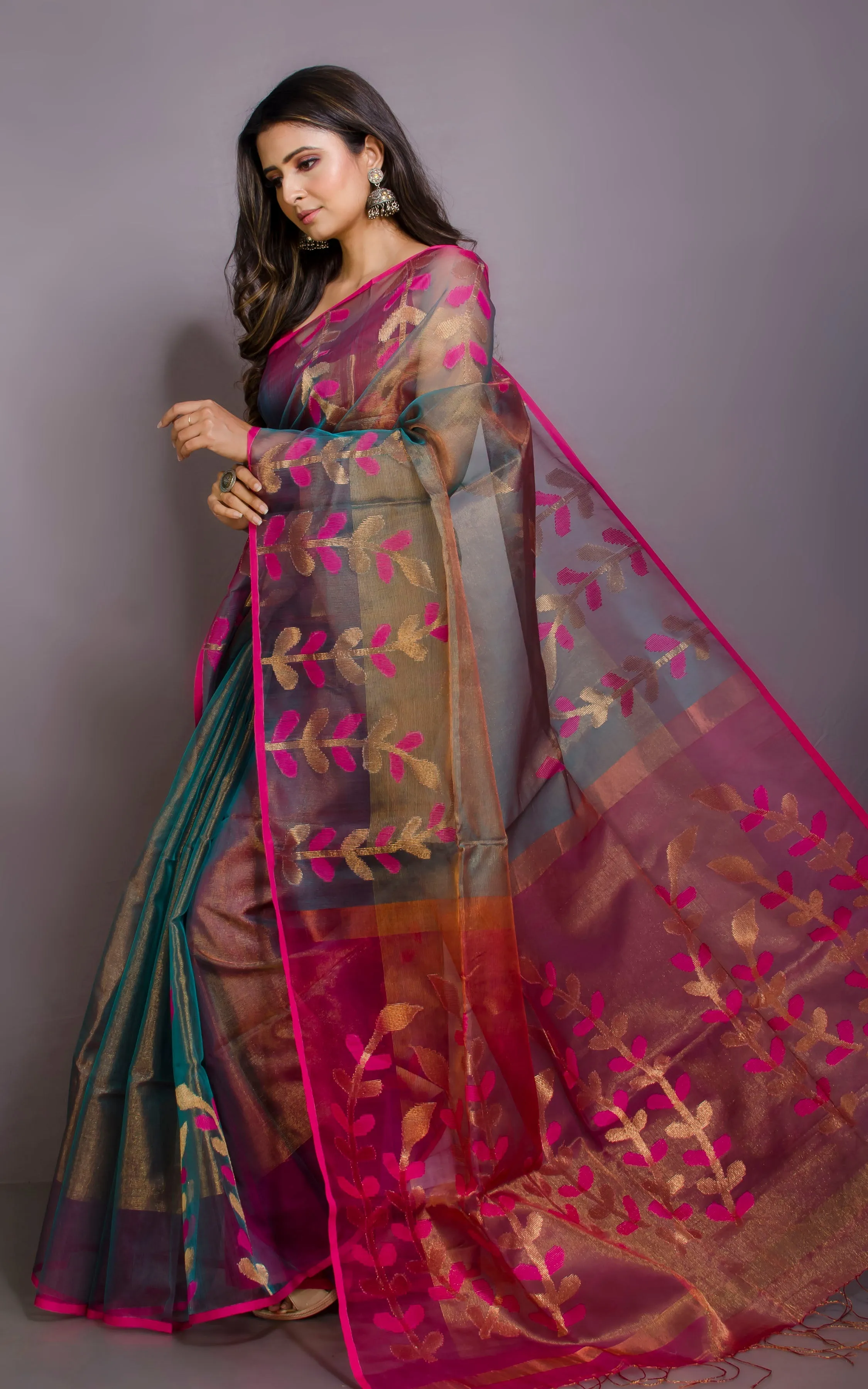 Designer Dual Tone Tissue Muslin Silk Saree in Dark Cyan and Hot Pink