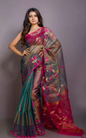 Designer Dual Tone Tissue Muslin Silk Saree in Dark Cyan and Hot Pink