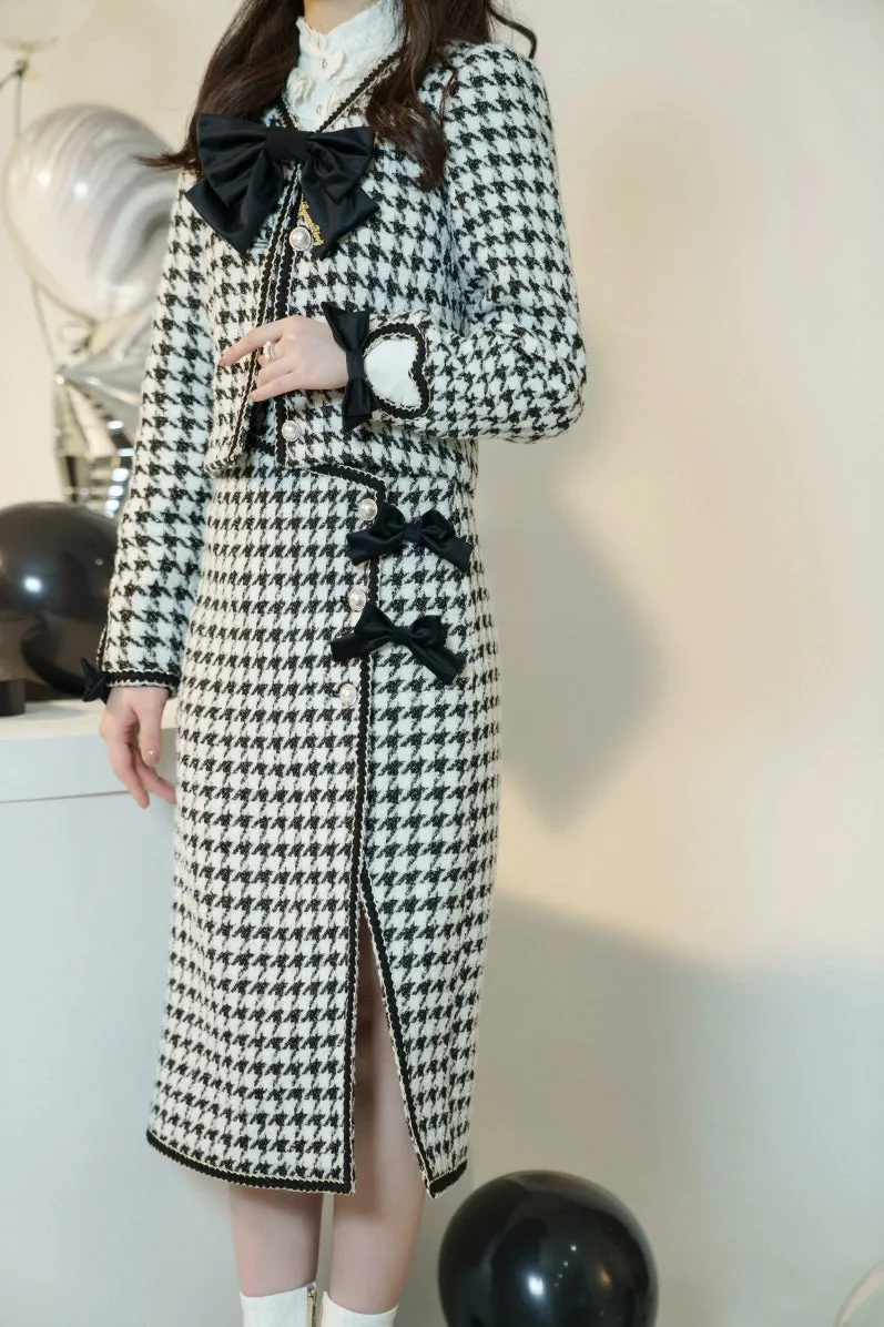 Elegant Black and White Houndstooth Blouse and Skirt Set