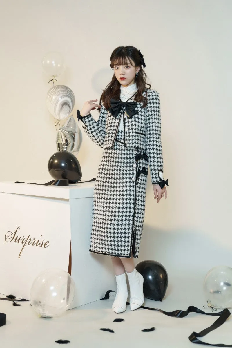 Elegant Black and White Houndstooth Blouse and Skirt Set