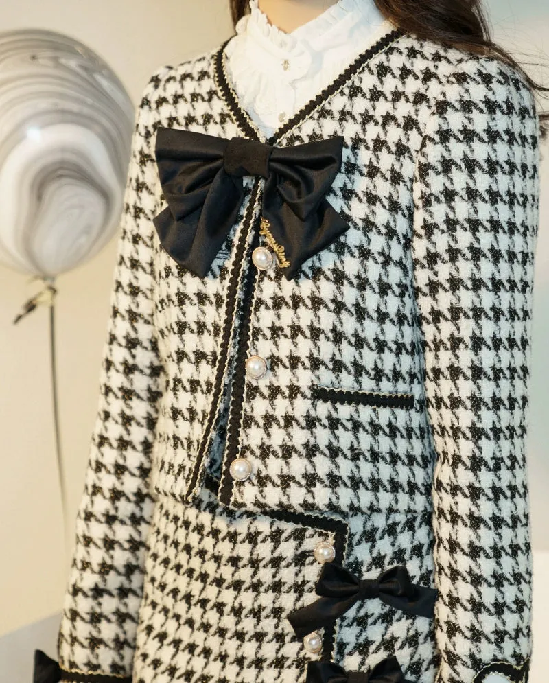 Elegant Black and White Houndstooth Blouse and Skirt Set