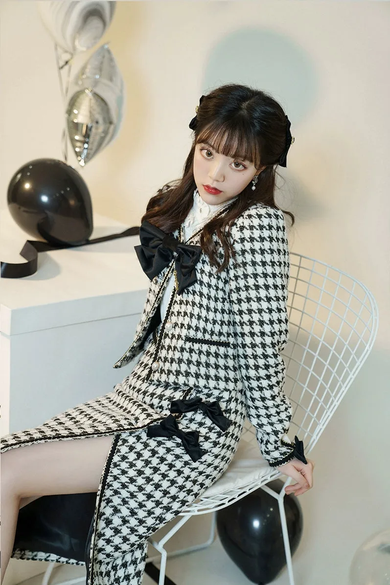 Elegant Black and White Houndstooth Blouse and Skirt Set