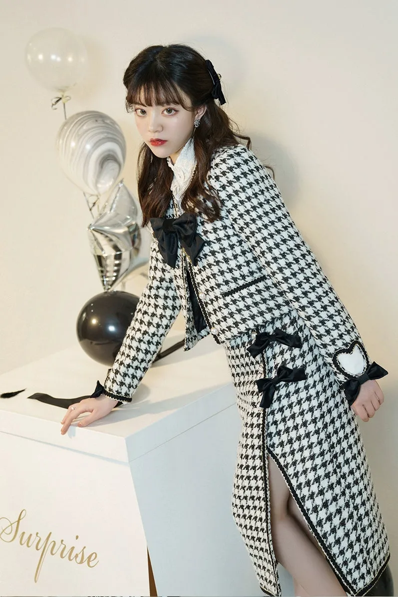 Elegant Black and White Houndstooth Blouse and Skirt Set